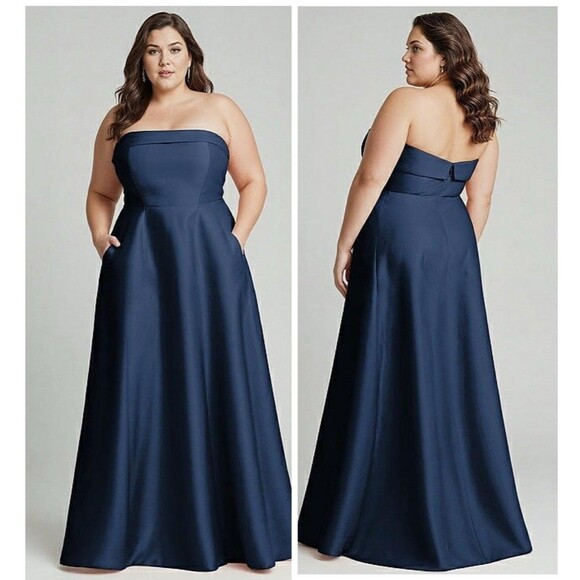 Alfred Sung Strapless Bias Cuff Bodice Satin Gown Midnight Navy Size 16 D843 NWT